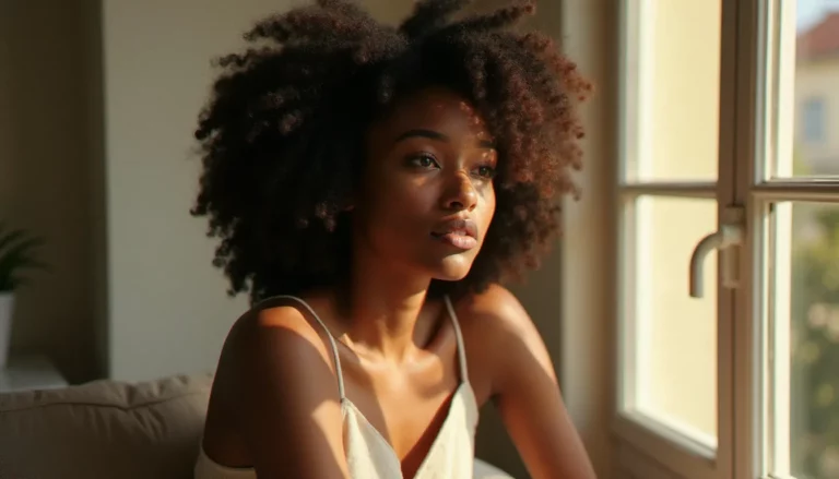 Portrait d'une femme noire aux cheveux naturels afro photographiée en lumière naturelle dorée près d'une fenêtre à Lyon, séance photo femme noire naturelle