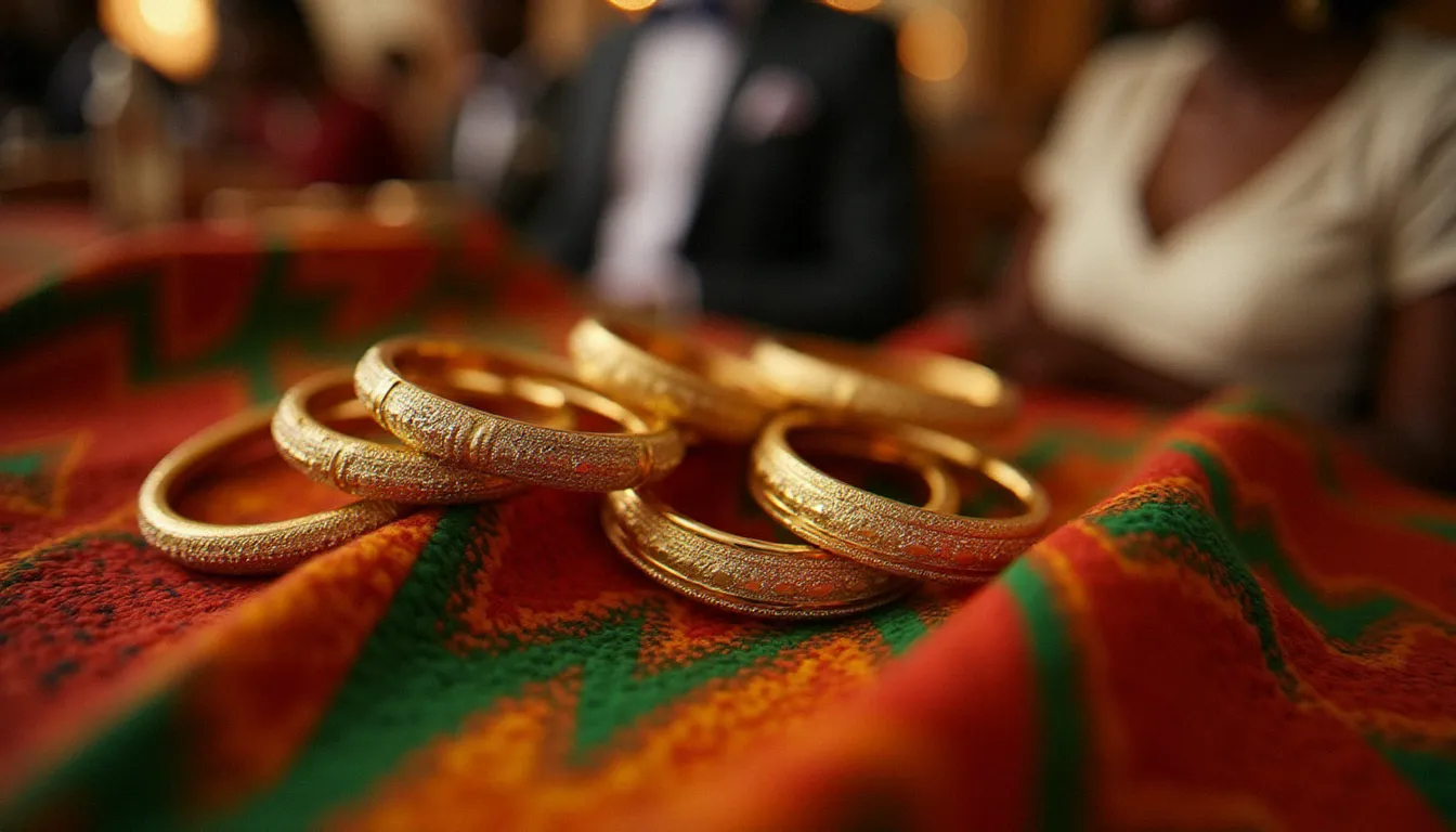 Détail du tissu wax aux motifs géométriques colorés et bijoux en or portés lors d'un mariage franco-ivoirien, illustrant la richesse visuelle de la photo France Côte d'Ivoire