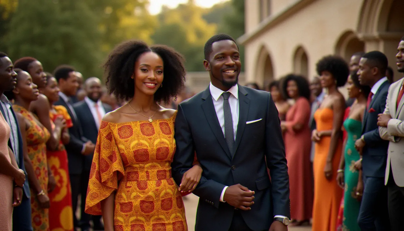 Photo France Côte d'Ivoire : mariée en wax orange et marié en costume lors d'une cérémonie biculturelle franco-ivoirienne à Lyon