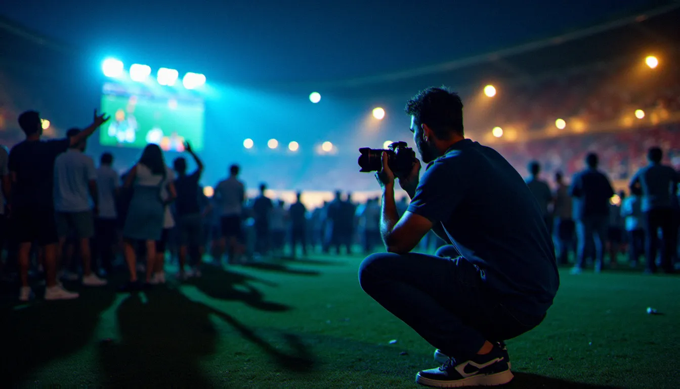 Photographe en position basse dans une fan zone nocturne lyonnaise, préparant un cliché de supporters français lors d'un match de la Coupe du Monde sous des lumières dramatiques