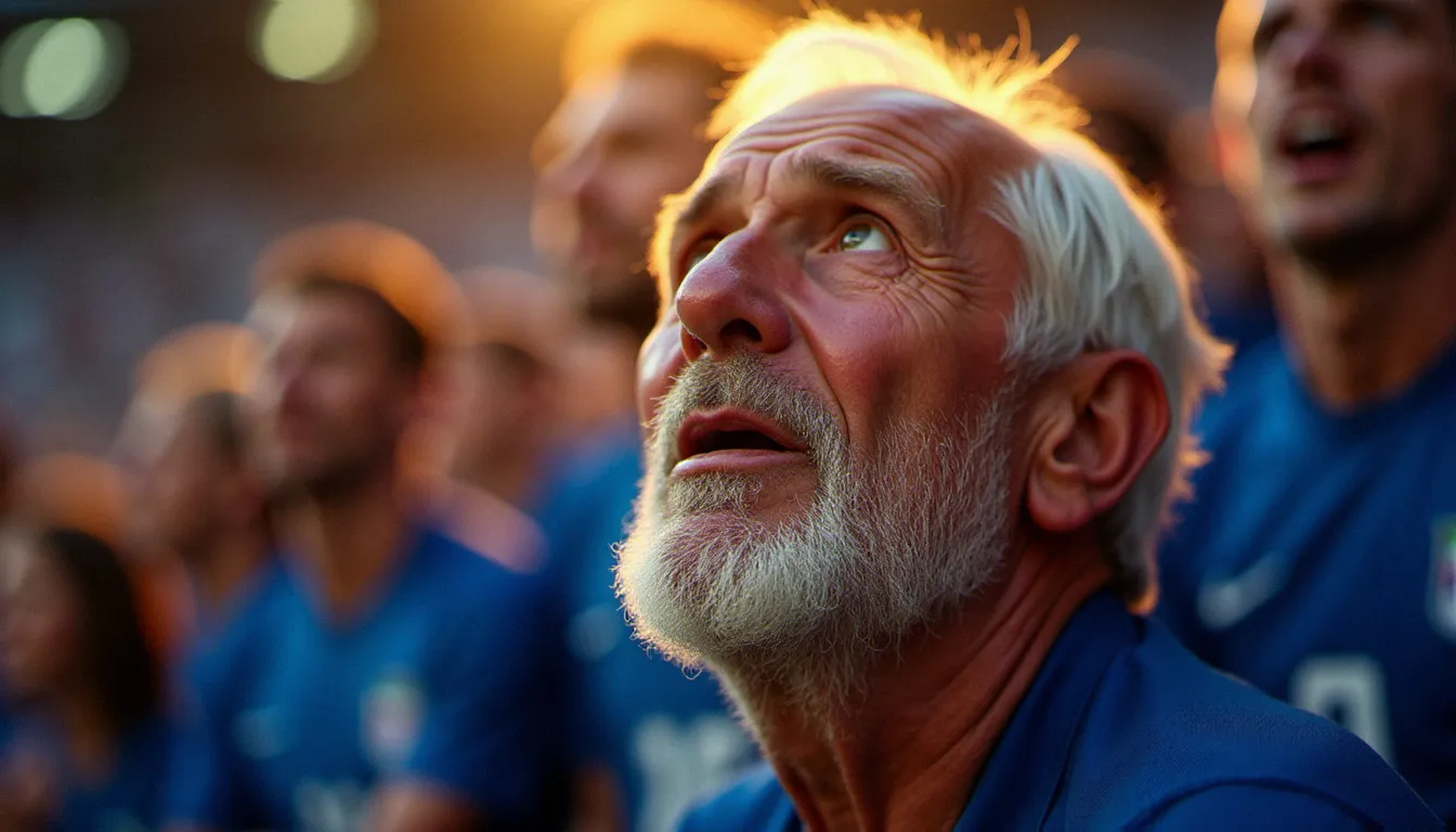 Portrait en gros plan d'un supporter français âgé en larmes de joie lors d'un but décisif, regard tourné vers le ciel, incarnant l'émotion authentique d'une photo France Coupe du Monde