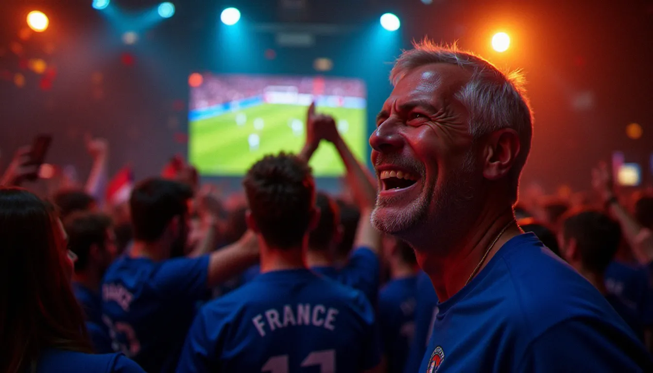Supporters français réunis dans un bar lyonnais lors d'un match de photo France Coupe du Monde, visages illuminés par l'écran géant, homme en larmes de joie au premier plan