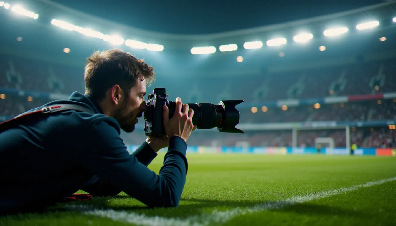 Photographe de presse en position basse au bord du terrain de football, objectif longue focale pointé vers les tribunes, capturant l'instant décisif lors d'un match de l'équipe de France