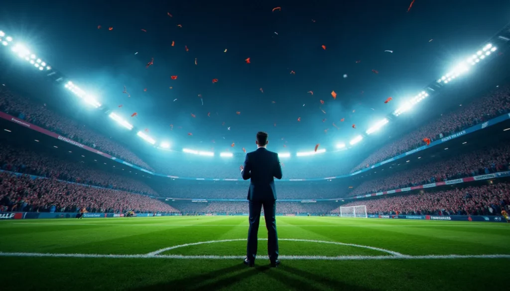Photo d'une tribune de stade de football bondée de nuit, personnalité en costume sombre applaudissant avec émotion, illustrant la puissance des photos France foot Macron