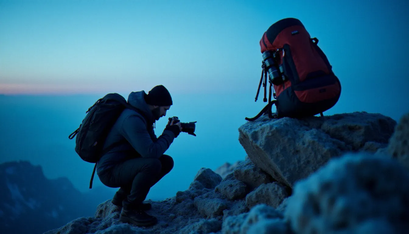 Photographe de montagne préparant son équipement photo pour une session guide de haute montagne avant l'aube sur un éperon rocheux