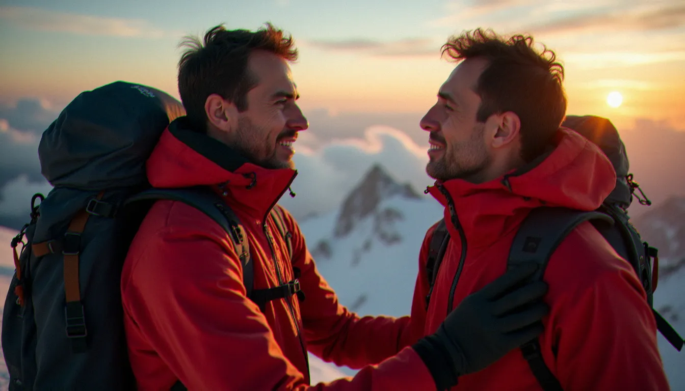 Moment émouvant entre un guide de haute montagne et son client au sommet, illustrant la relation humaine au cœur de la photo guide de haute montagne
