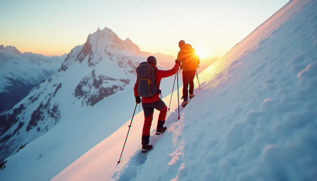 Photo guide de haute montagne : un guide alpin menant un client sur une arête enneigée au lever du soleil dans le massif du Mont-Blanc