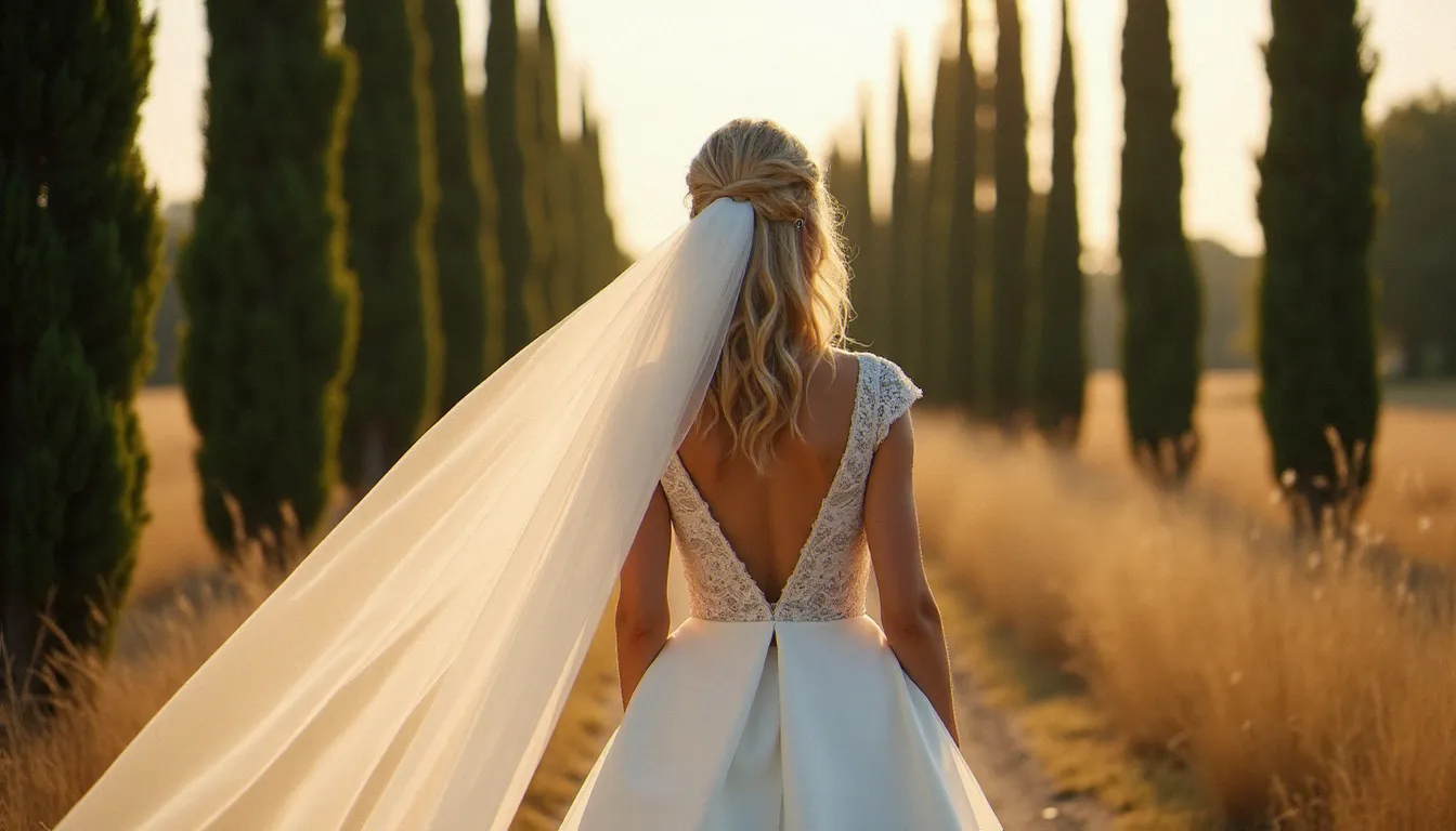 Mariée de dos face à des cyprès sous une lumière estivale dorée, image candide illustrant la philosophie de la photographie de mariage naturelle et sans pose