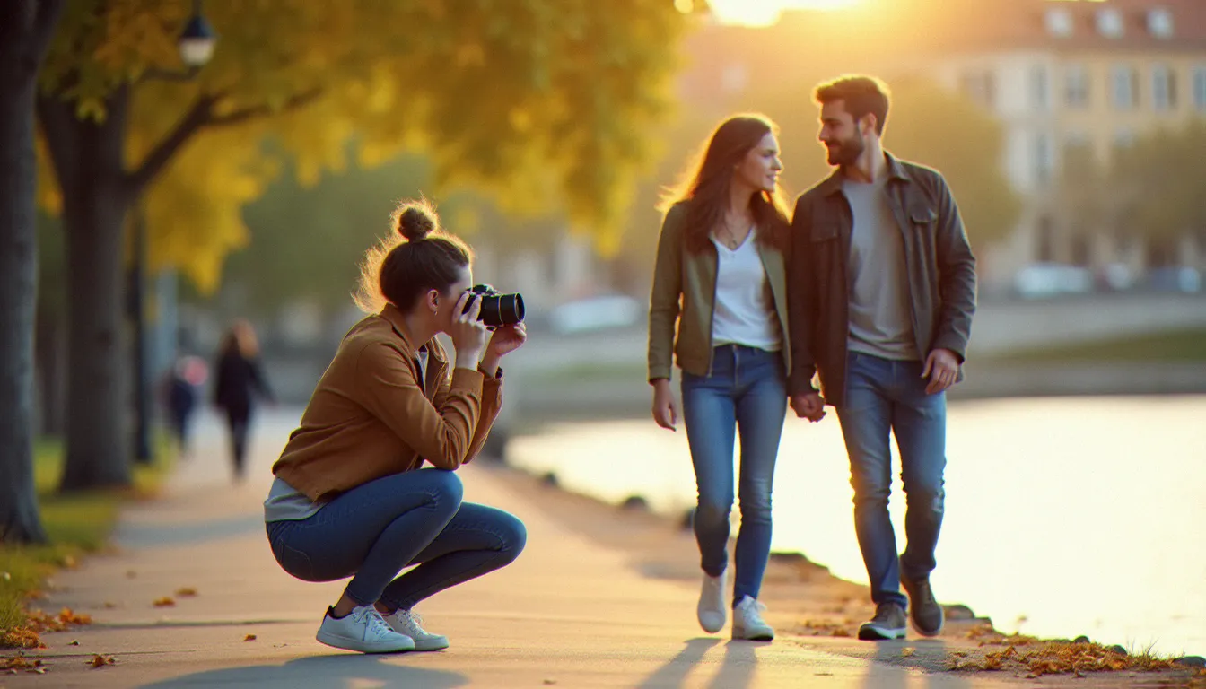 Photographe capturant en mode discret une séance photo meilleur ami fille garçon au bord de la Saône à Lyon