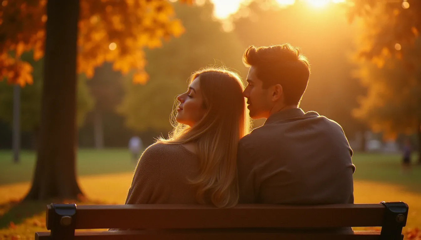 Deux meilleurs amis, une fille et un garçon, assis sur un banc au Parc de la Tête d'Or à Lyon dans une lumière dorée de fin de journée