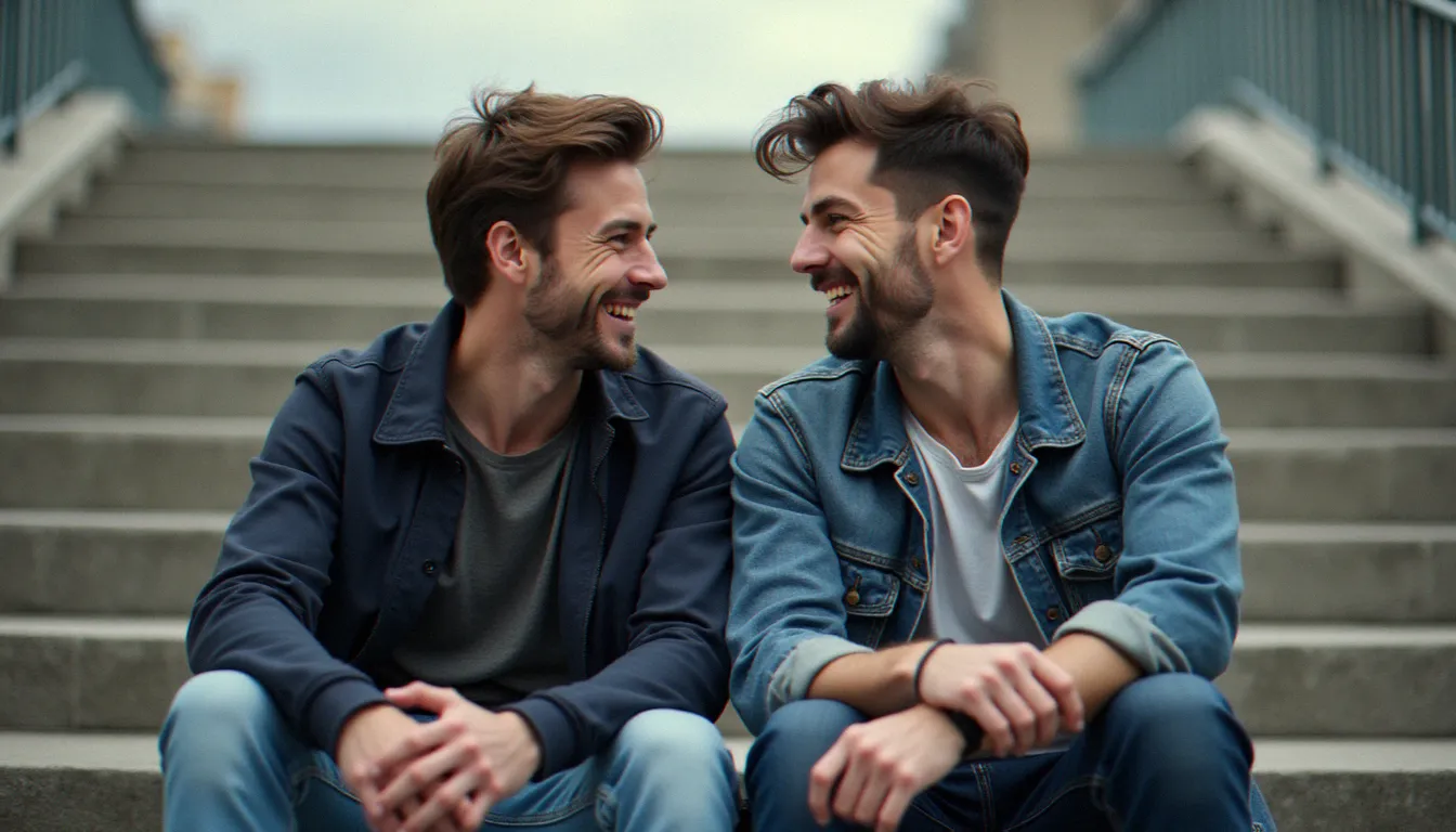 Portrait rapproché de deux meilleurs amis garçons assis sur des marches, regard complice et sourire sincère dans une lumière naturelle douce