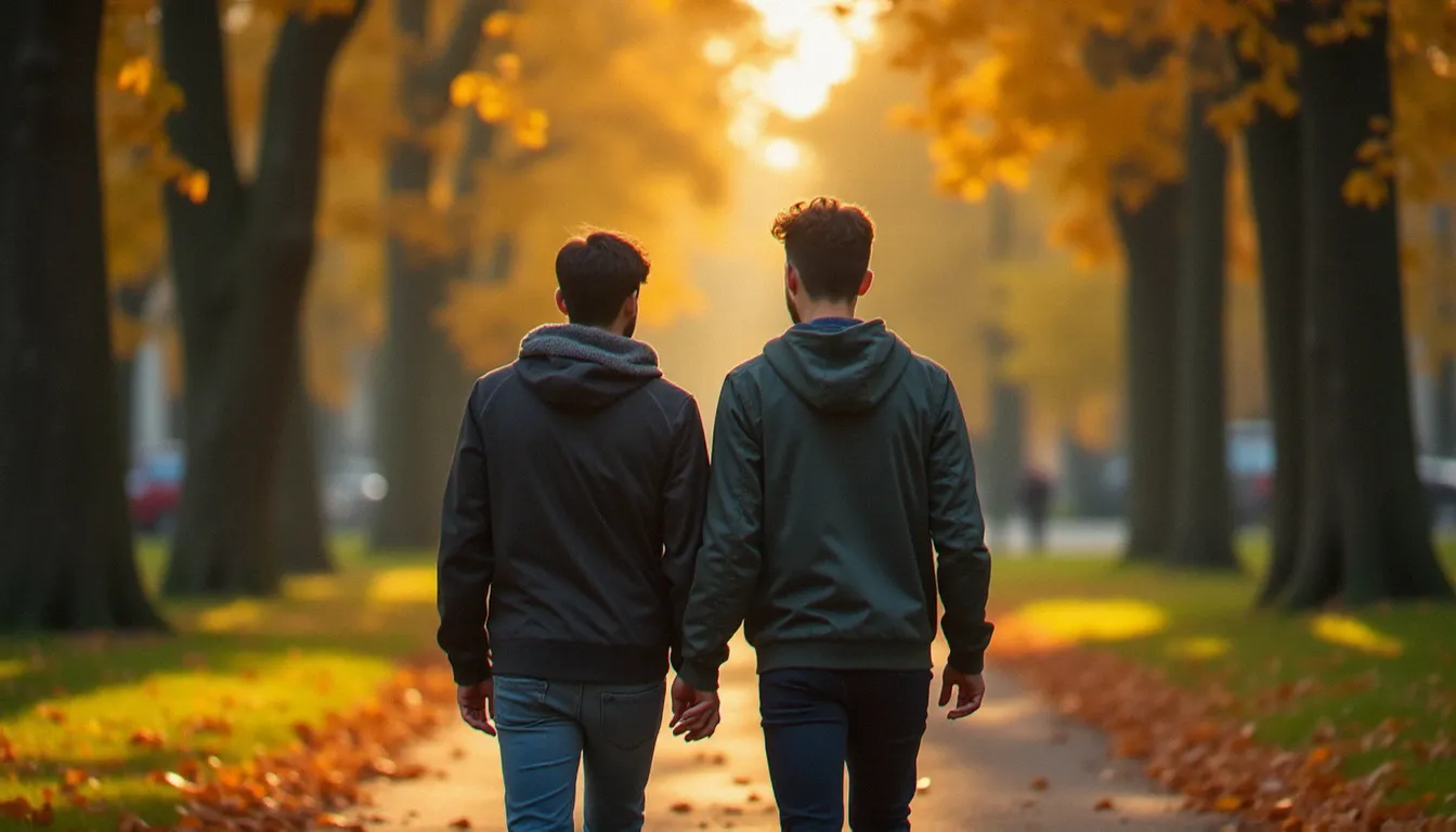 Deux amis garçons photographiés de dos dans le Parc de la Tête d'Or à Lyon en automne, lumière tamisée entre les arbres créant une atmosphère chaleureuse et nostalgique