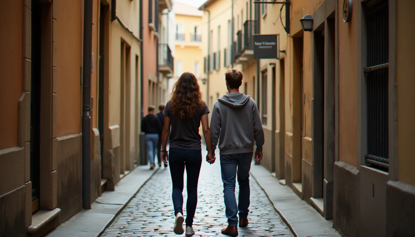 Deux meilleurs amis marchant et discutant dans une ruelle en pierre du quartier Croix-Rousse à Lyon, capturés en style reportage authentique