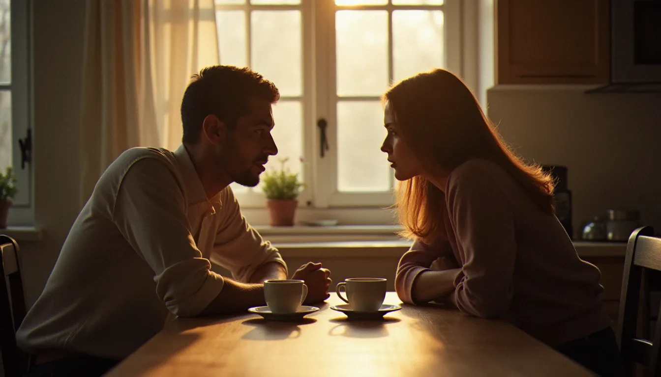 Deux amis partageant un café dans une cuisine baignée de lumière naturelle de fenêtre, capturés dans une atmosphère chaleureuse et intime