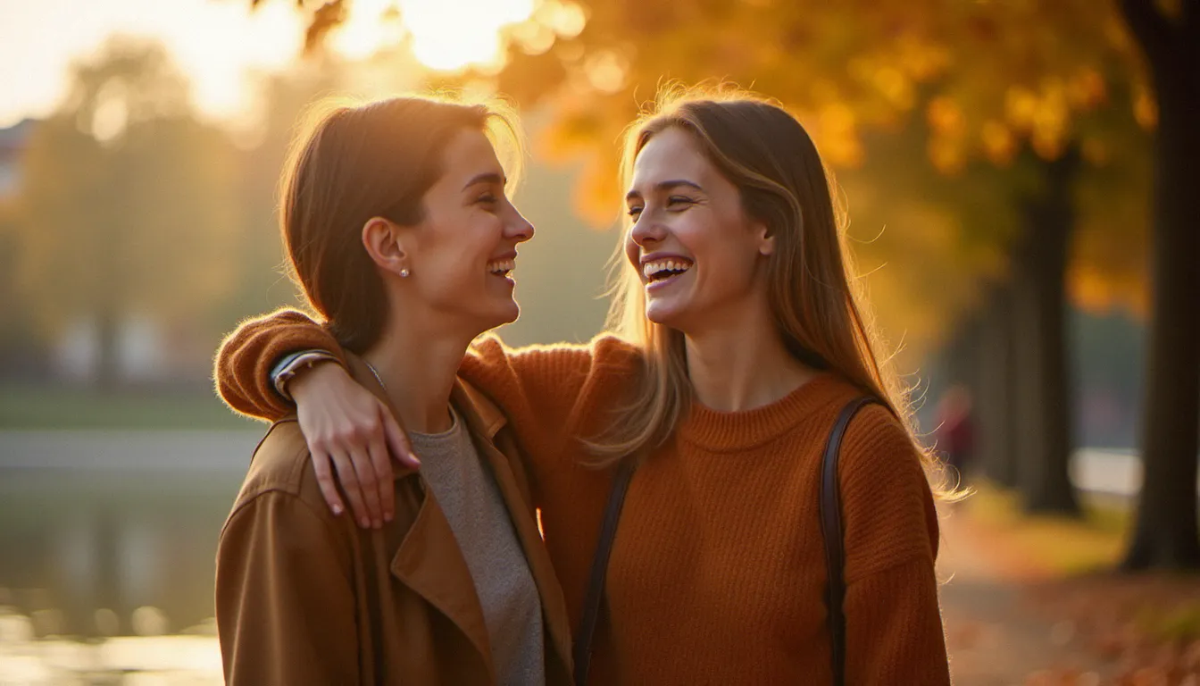 Photo meilleur amis de deux femmes riant ensemble au bord de la Saône à Lyon lors d'une séance lifestyle au coucher du soleil