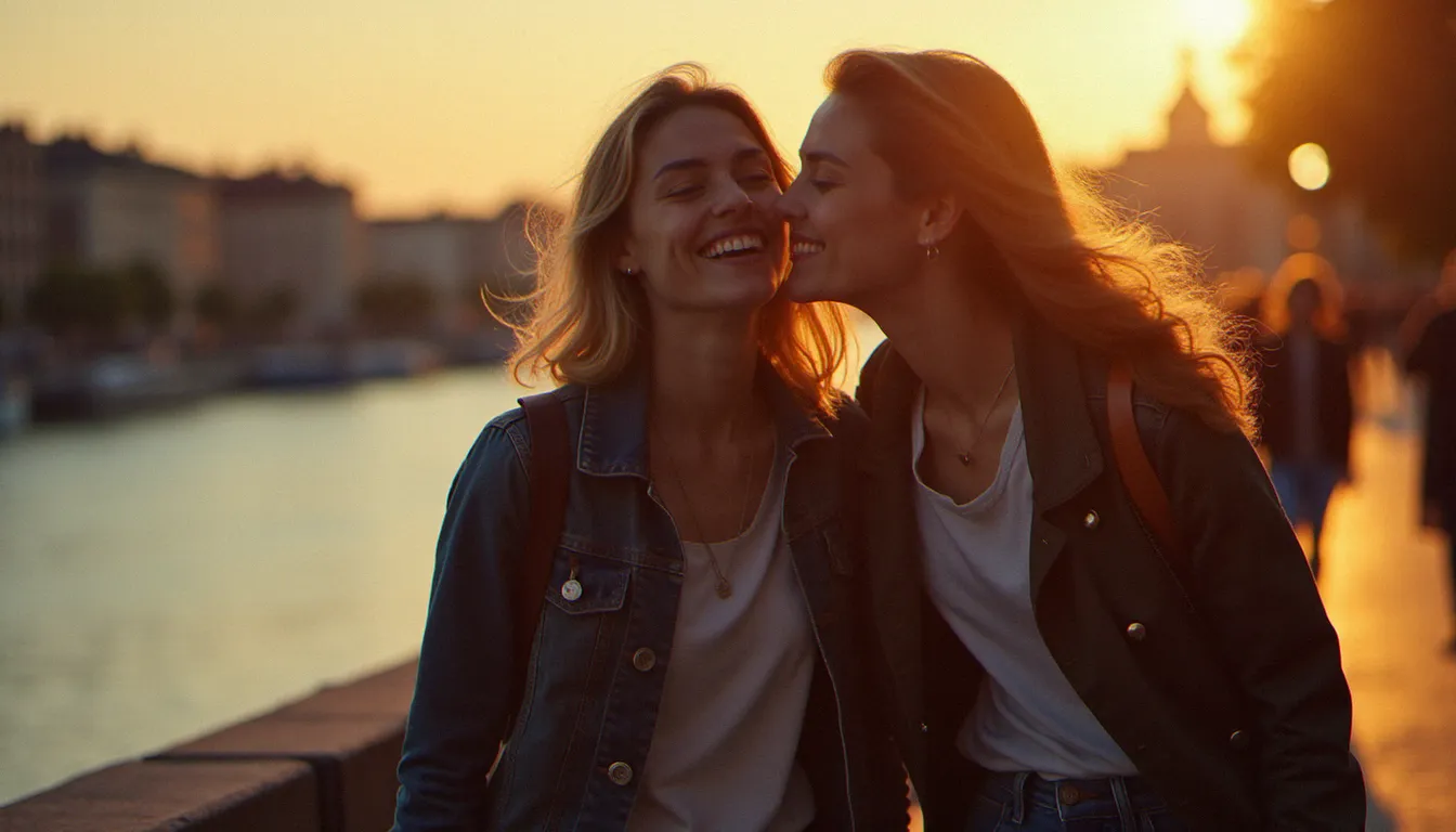 Deux amies marchant le long des quais de Saône au crépuscule, l'une murmurant quelque chose à l'oreille de l'autre dans un moment de complicité naturelle et spontanée