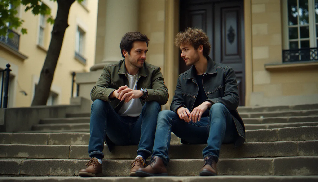 Deux amis assis sur des marches en pierre devant un bâtiment lyonnais classique, en conversation intime et silencieuse, lumière d'après-midi douce et atmosphérique filtrant à travers les feuilles