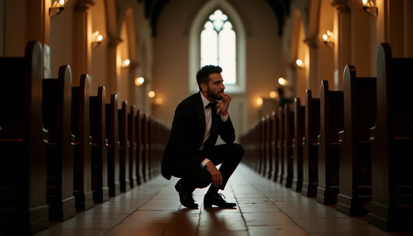 Photographe de mariage capturant discrètement la réaction émotionnelle du marié dans une église en pierre lyonnaise, mélange de lumière bougie et lumière naturelle