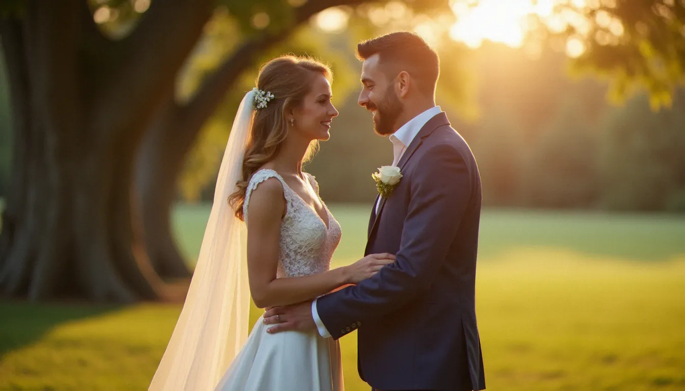Couple de mariés en lumière dorée dans un jardin de château lyonnais, photo meilleur qualité capturant un moment d'intimité authentique