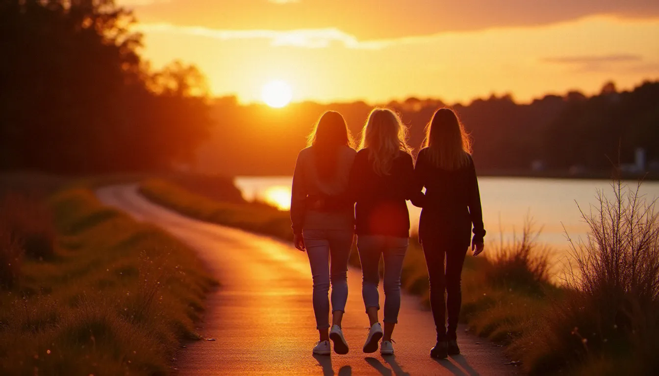 Trois meilleures amies marchant bras dessus bras dessous sur les berges d'un fleuve au coucher du soleil, silhouettes en contre-jour sur fond de ciel orangé