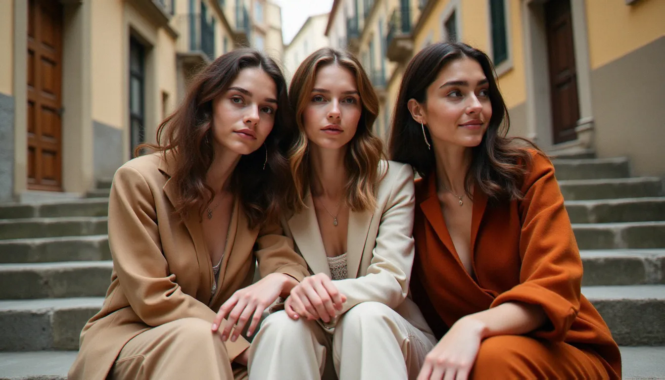 Trois amies assises sur des marches en pierre du Vieux-Lyon avec des tenues coordonnées dans des tons terracotta et crème, attitude détendue et naturelle