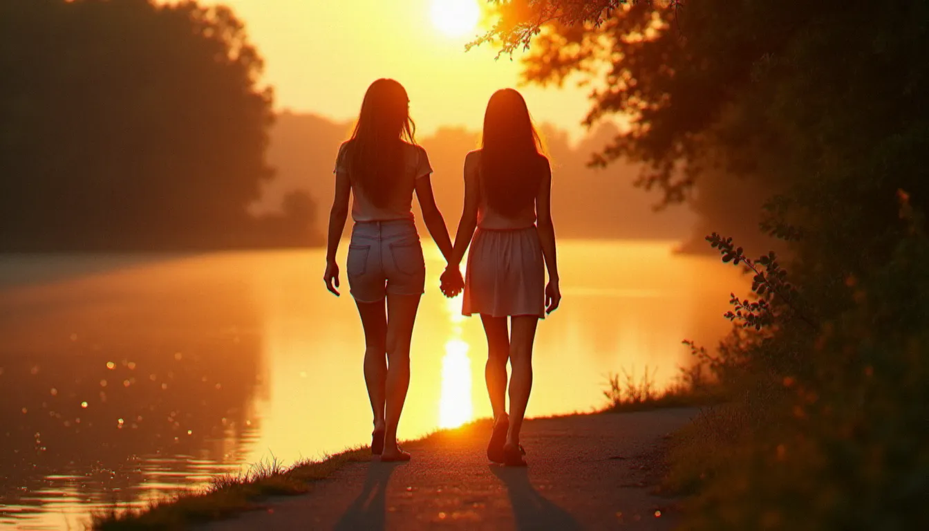Deux meilleures amies marchant main dans la main le long d'une berge au coucher de soleil, vues de dos dans la lumière chaude du soir