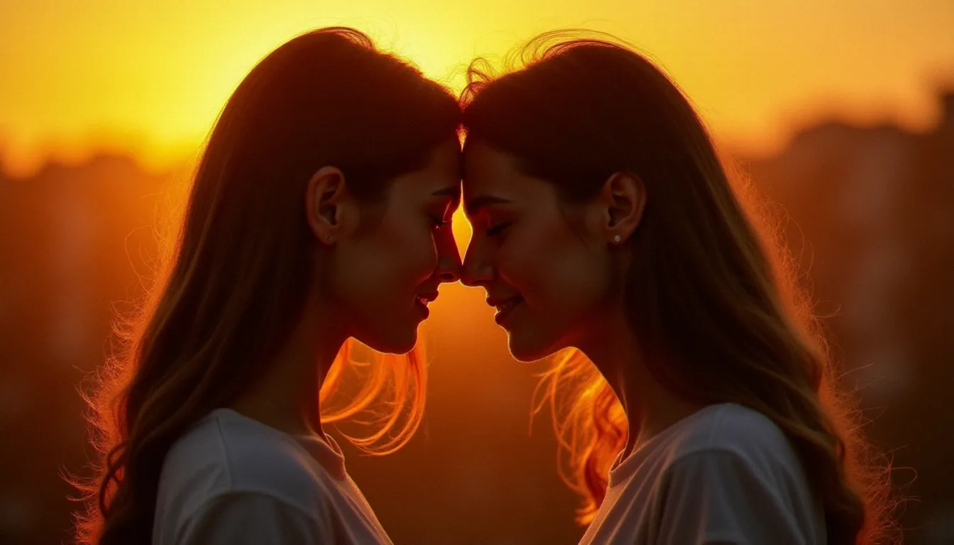 Portrait intime de deux amies face à face au coucher de soleil, l'une posant la tête sur l'épaule de l'autre dans une lumière orangée