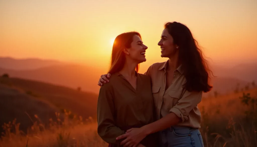 Photo meilleure amie coucher de soleil sur une colline, deux jeunes femmes riant ensemble à contre-jour dans la lumière dorée du soir