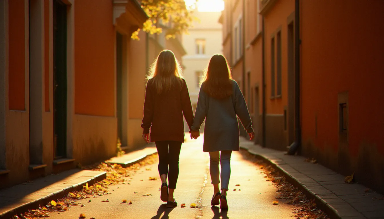 Deux amies photographiées de dos marchant main dans la main dans une ruelle de la Croix-Rousse à Lyon, lumière d'automne et murs ocre en arrière-plan