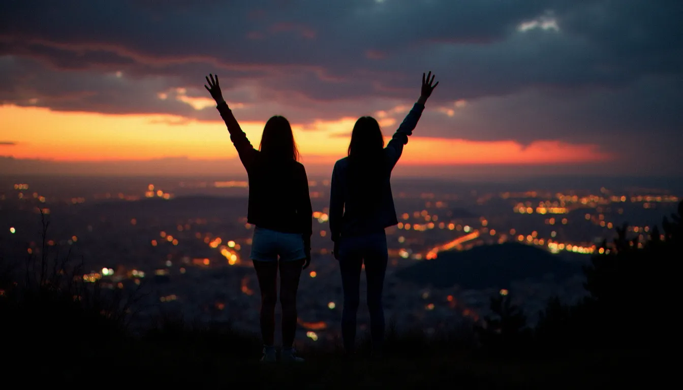 Silhouettes de deux meilleures amies de dos face au panorama de Lyon au crépuscule, bras légèrement levés dans une lumière entre chien et loup