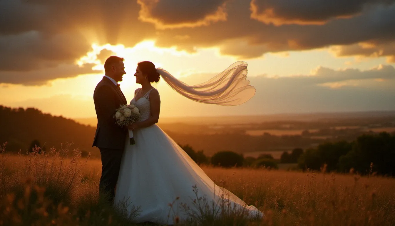 Couple de mariés riant sous un ciel orageux dans la campagne lyonnaise, moment spontané et authentique représentatif d'un reportage photo prix mariage complet