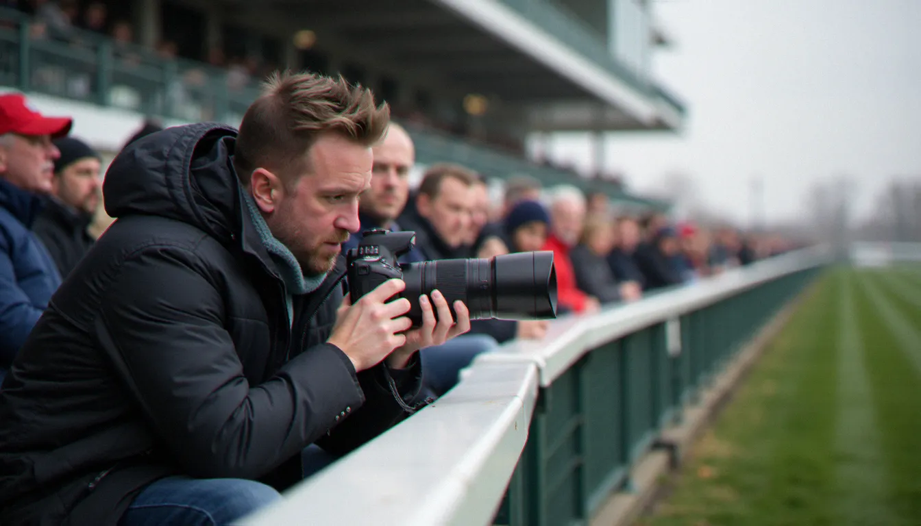 Photographe professionnel en position de prise de vue dans les tribunes d'un hippodrome lors d'une grande course de trot, équipé d'un téléobjectif