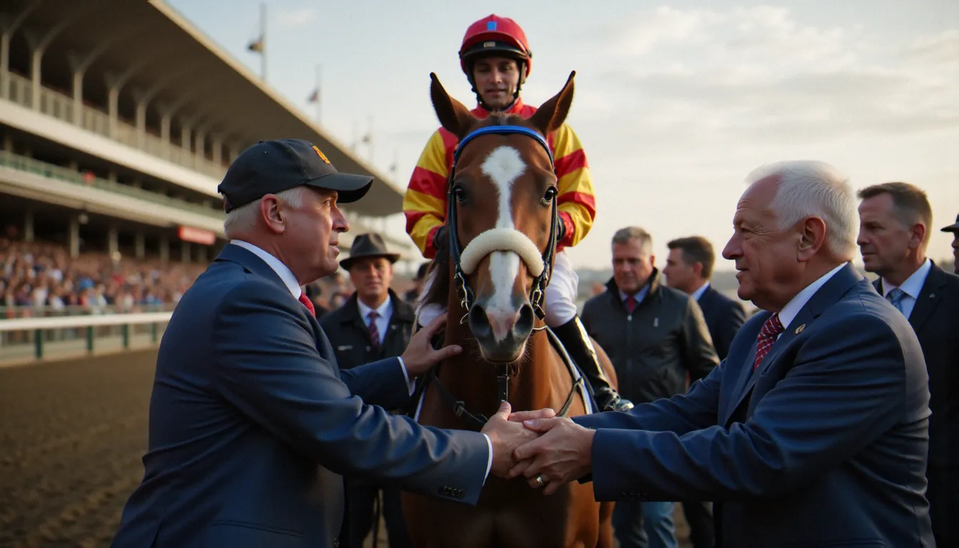 Jockey vainqueur revenant au paddock après le Prix d'Amérique, entouré de propriétaires émus sous la lumière hivernale de fin d'après-midi