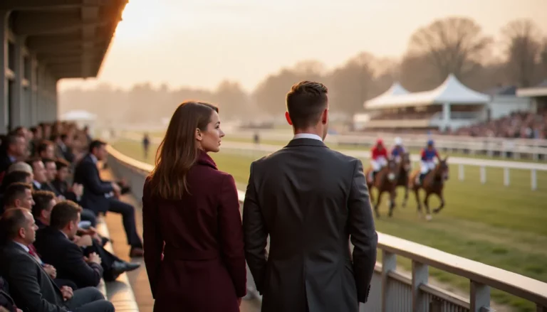 Couple élégant dans les tribunes de l'Hippodrome de Vincennes lors du Prix d'Amérique, photo prix d'amérique prise en lumière hivernale dorée