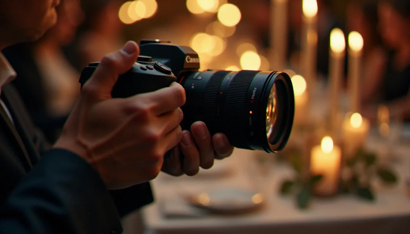 Gros plan sur les mains d'un photographe de mariage tenant un appareil professionnel à grande ouverture, illustrant la maîtrise technique nécessaire pour produire une photo prix essence authentique.