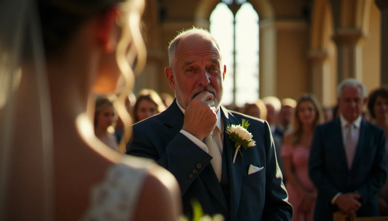 Un père de la mariée retenant ses larmes lors de la cérémonie dans une église provençale, capturant l'instant brut et humain qui définit l'approche photo prix essence d'un photographe de mariage lyonnais.