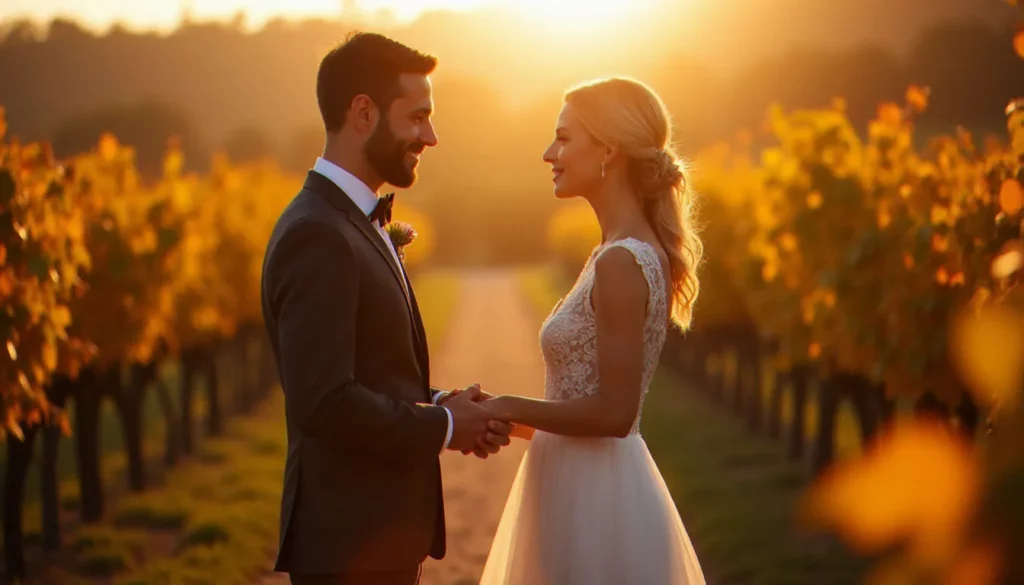 Couple de mariés partageant un instant d'émotion authentique dans les vignes du Beaujolais au coucher du soleil — illustration d'une photo prix essence capturée lors d'un mariage à Lyon.