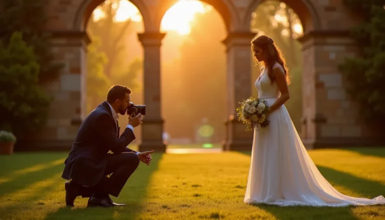 Photographe de mariage professionnel en action capturant un couple lors d'une cérémonie en extérieur à Lyon, illustrant la qualité d'une photo prix mariage premium