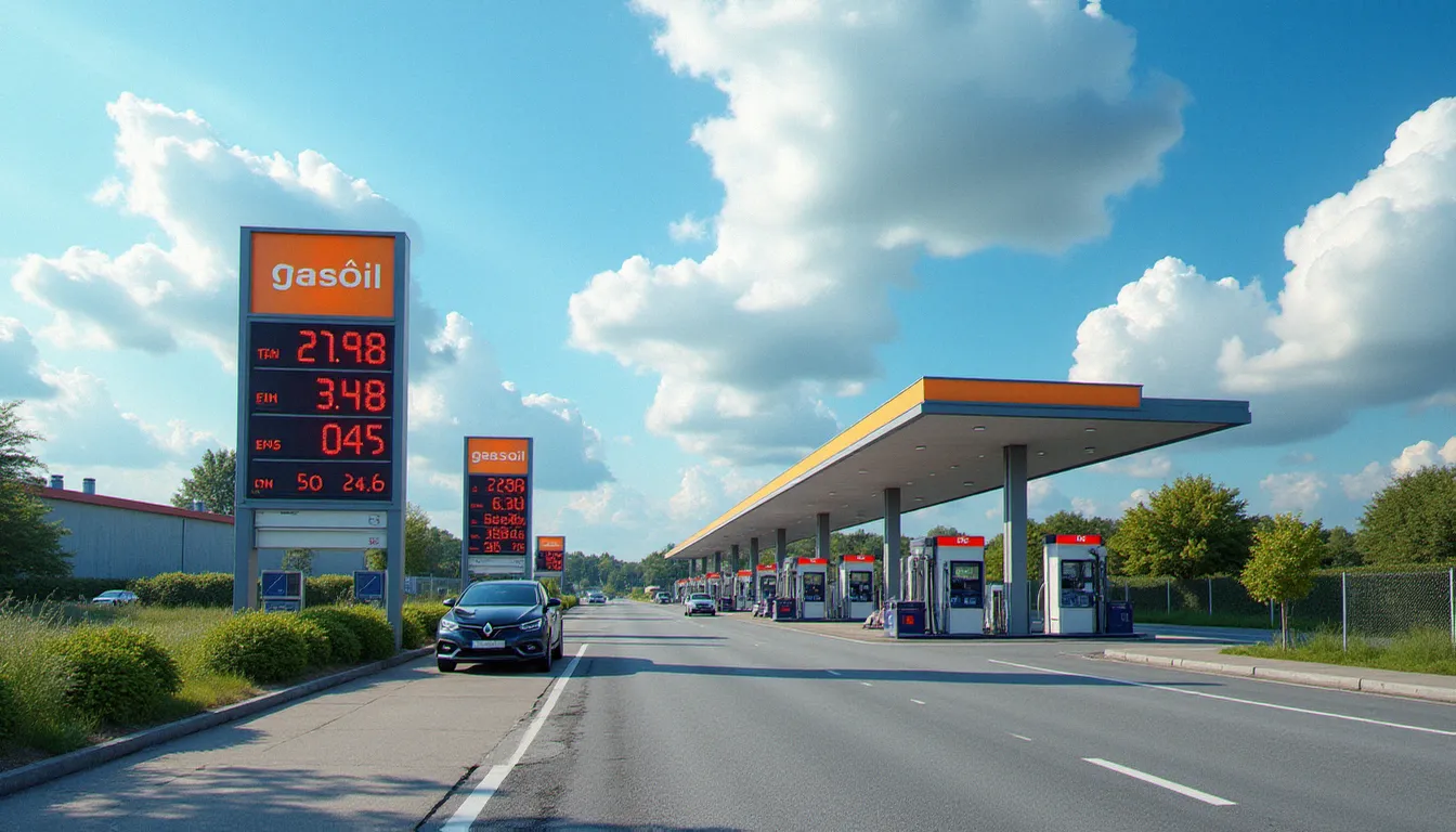 Station-service française en bord de route avec panneaux de prix détaillant gasoil et essence sous un ciel bleu, photographiée de jour