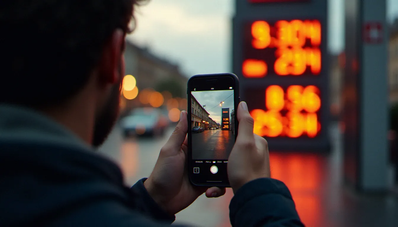 Automobiliste lyonnais photographiant avec son smartphone le panneau de prix gasoil d'une station-service en fin d'après-midi