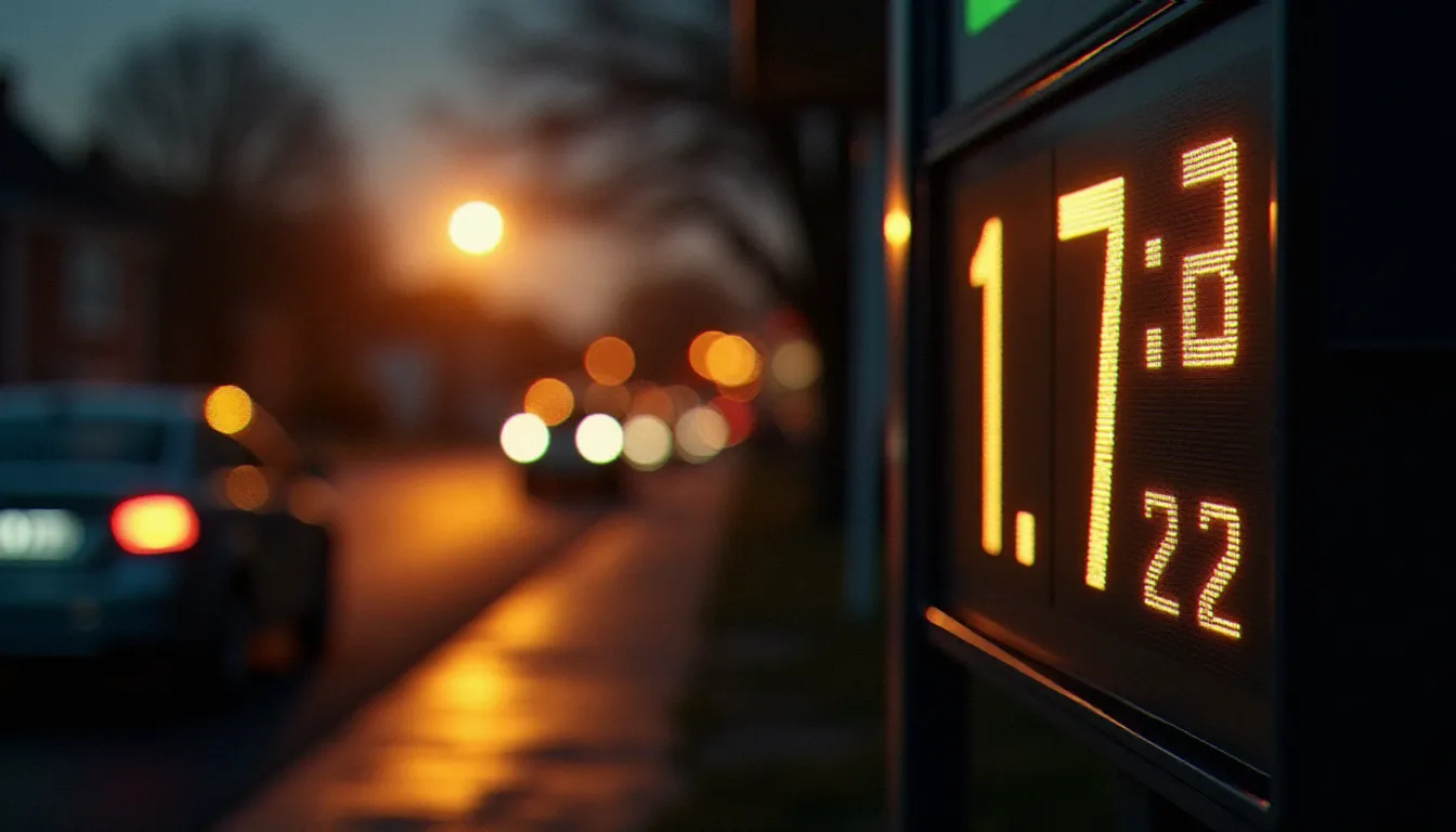 Panneau LED d'une station-service française affichant le photo prix gasoil à 1,72 € le litre en lumière dorée de fin de journée