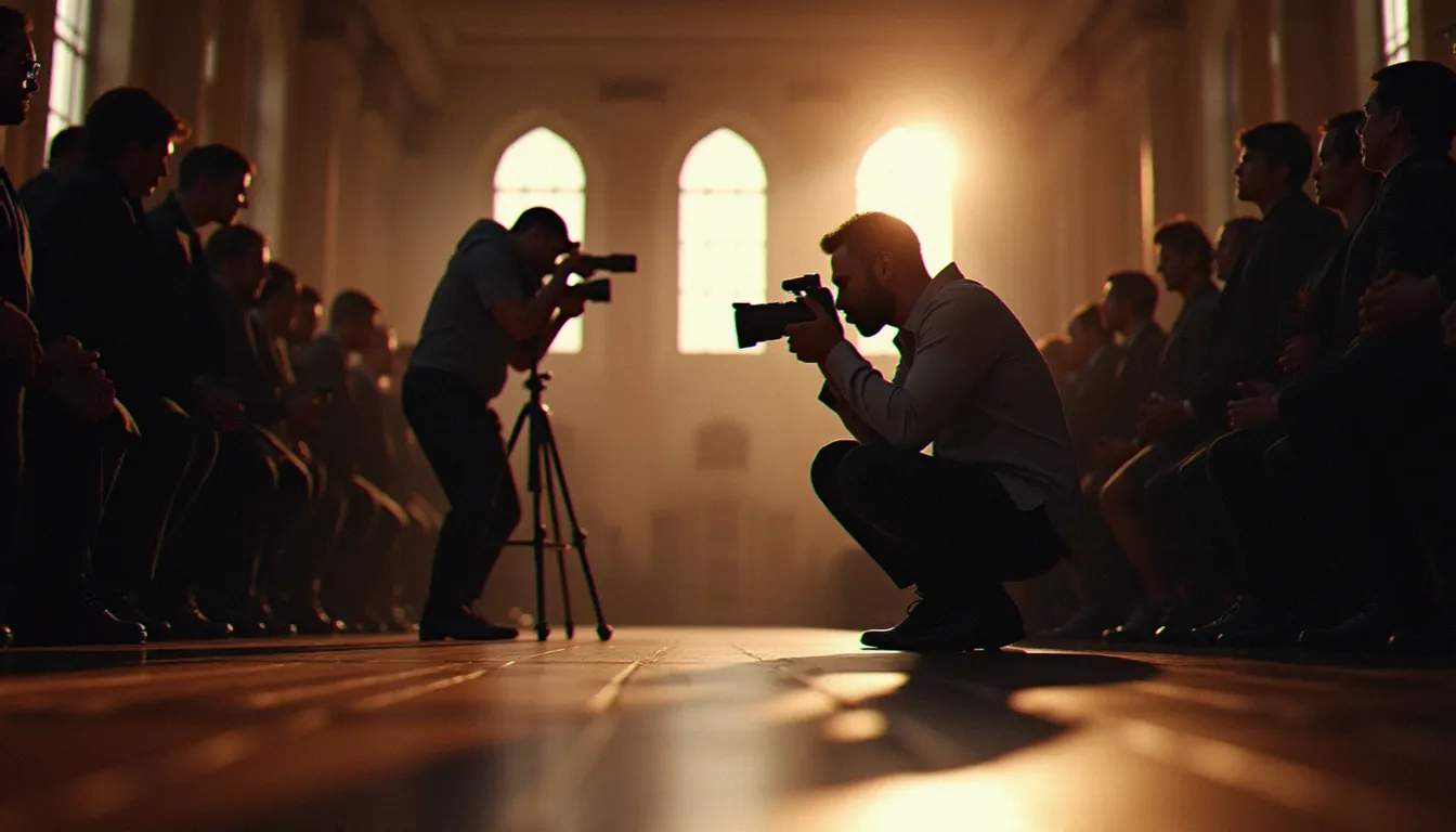 Photographe officiel en position basse lors d'une cérémonie de remise de prix dans une grande salle institutionnelle, illustrant le travail de terrain pour capturer une photo de remise de distinction