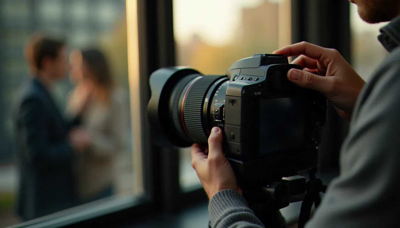 Gros plan sur un objectif 85mm et les mains d'un photographe professionnel lors d'une session portrait, lumière naturelle diffuse, technique utilisée pour les portraits d'exception comme la photo Prix Nobel