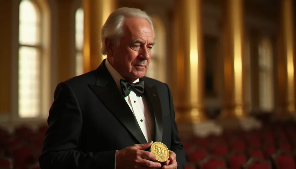 Portrait d'un lauréat tenant sa médaille du Prix Nobel dans une salle de cérémonie, lumière naturelle douce, photo Prix Nobel iconique capturant l'émotion de la reconnaissance mondiale