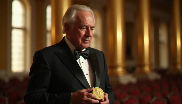 Portrait d'un lauréat tenant sa médaille du Prix Nobel dans une salle de cérémonie, lumière naturelle douce, photo Prix Nobel iconique capturant l'émotion de la reconnaissance mondiale