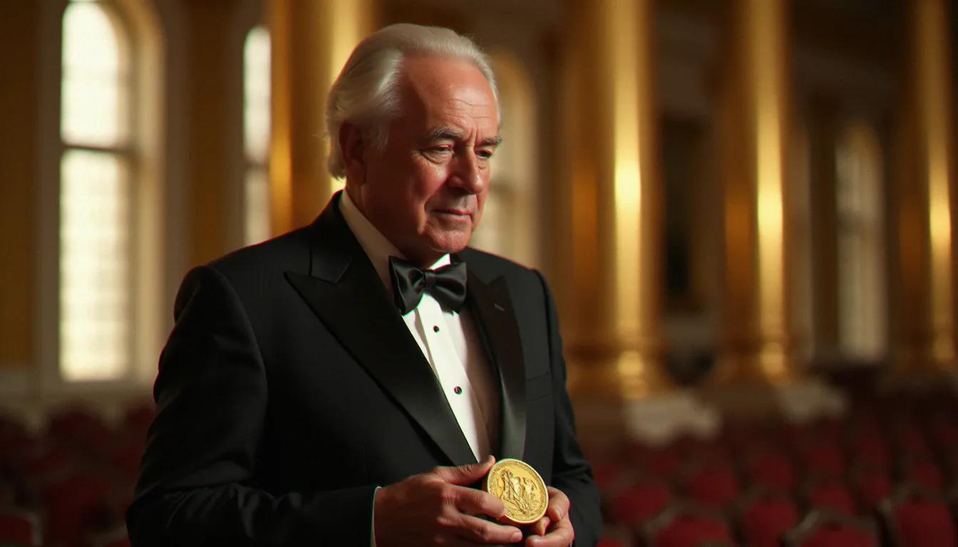 Portrait d'un lauréat tenant sa médaille du Prix Nobel dans une salle de cérémonie, lumière naturelle douce, photo Prix Nobel iconique capturant l'émotion de la reconnaissance mondiale