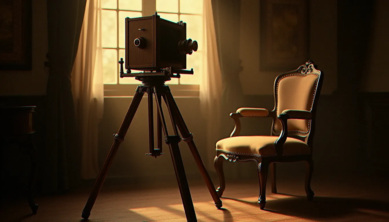 Studio photographique historique du début du XXe siècle avec chambre photographique en bois et laiton sur trépied, éclairage naturel latéral typique des conditions dans lesquelles furent réalisées les photos prix Nobel Marie Curie à Paris et Stockholm