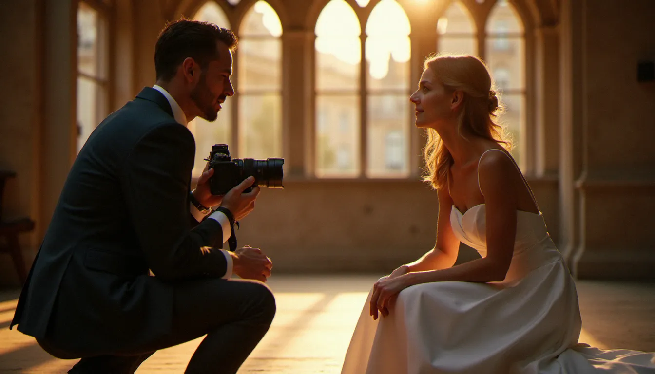 Photographe de mariage contemporain capturant un moment authentique et intime d'un couple lors d'une cérémonie à Lyon, technique d'éclairage latéral héritée directement de la tradition des grands portraits photographiques historiques comme les photos prix Nobel Marie Curie