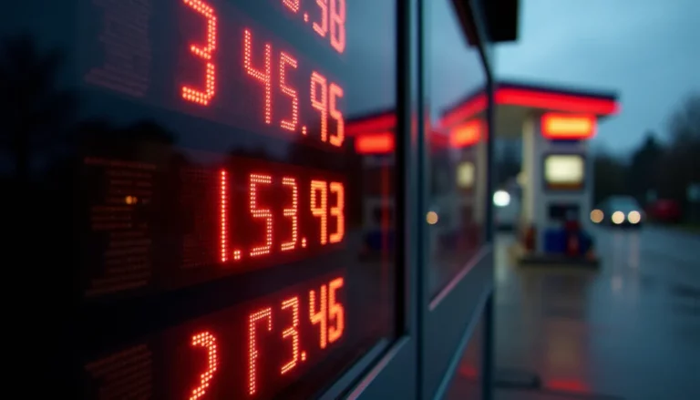 Panneau lumineux affichant le prix de l'essence à la pompe dans une station-service française, chiffres rouges bien lisibles sur fond sombre, photo documentaire