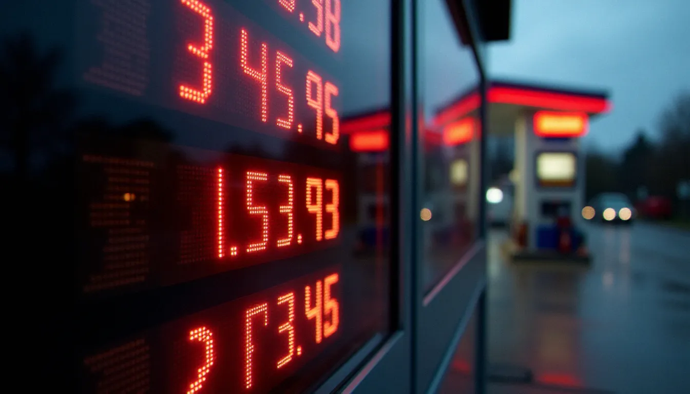 Panneau lumineux affichant le prix de l'essence à la pompe dans une station-service française, chiffres rouges bien lisibles sur fond sombre, photo documentaire